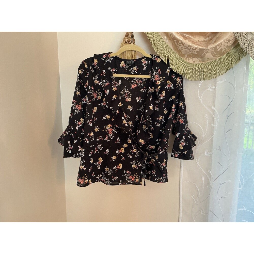 Top Shop Womens Wrap Around 100% Cotton Ruffled Shirt. Sz 10, machine washable.